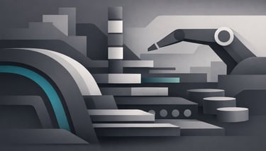 Abstract gray scale digital art of an industrial factory with robotic arms and geometric machinery.