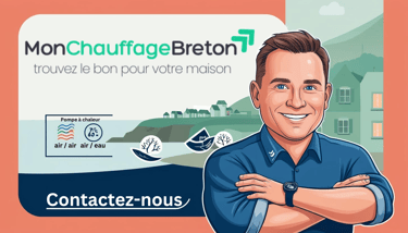 Un expert chauffagiste en Bretagne devant la mer et un village breton, qui parle pompes à chaleur