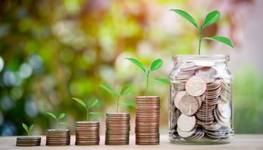 coins accumulating in growth with each stack and have plants sprouting for growing retirement savings