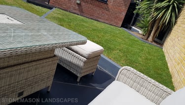 Corner Triangle Garden With Black & Grey Limestone Patio Sleeper Retaning Walls Multi-tier Level