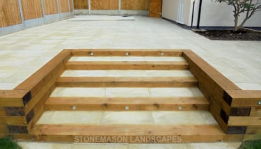 Large multi-level tiered garden makeover, sleeper retaining wall and steps elevated garden