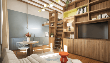 Bibliothèque de la pièce à vivre, avec la télévision et l'échelle d'accès à la mezzanine