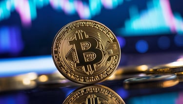bitcoin on black surface with charts in background