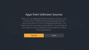 screenshot of myfire tv displays install apps fron unknown sources