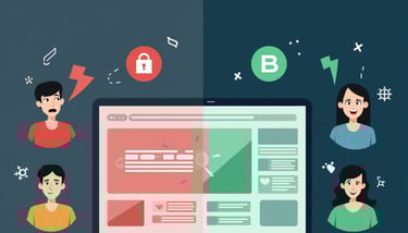 bir laptop bilgisayar, çevresinde mutlu ve üzgün insan yüzleri