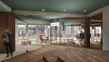 Terrasse couverte donnant sur le magasin de pêche et les quais de Saône