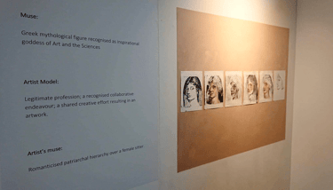 exhibition text next to series of 6 portraits of a lady