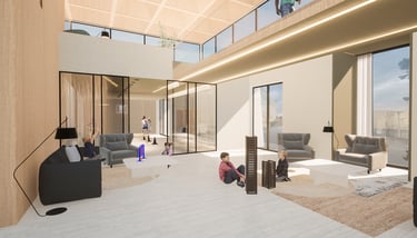 espace détente et jeux avec des canapés et la salle de sport au fond
