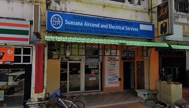 Suasana Aircond & Electrical Services main office and authorized dealer storefront.