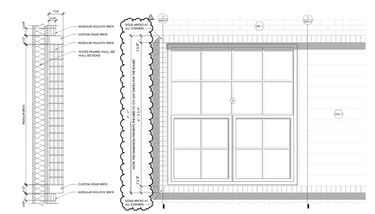 A construction detail drawing of a brick framed window