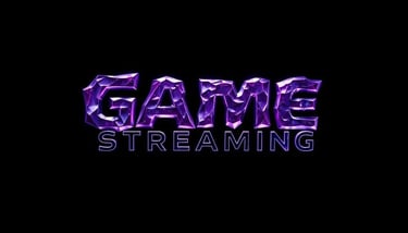 "Text 'GAME STREAMING' on a black background: 'GAME' with a purple-blue crystal effect, and 'STREAMI