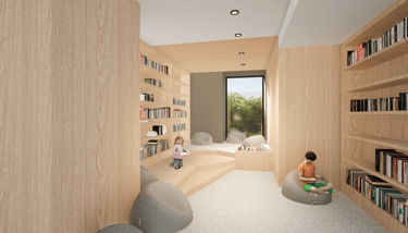 espace bibliothèque en bois clair avec une fenêtre en perspective