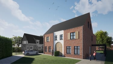 Een huis met een groot stenen gebouw en een auto geparkeerd ervoor