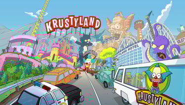 a cartoonish looking street scene with a car driving down a road