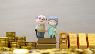 elderly couple with gold bars and coins for retirement