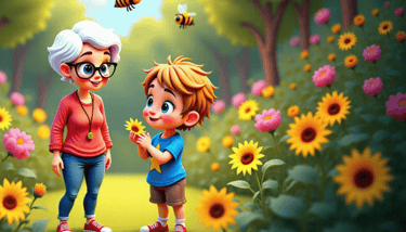 Alvey and Nanny in the garden looking at flowers and bees