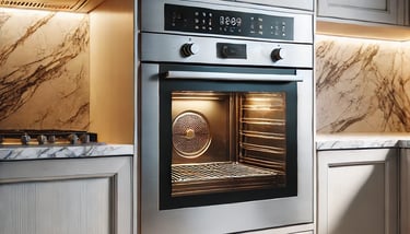 a kitchen with a stove and oven in the middle