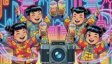 children drinking bubble tea in front of a photo booth