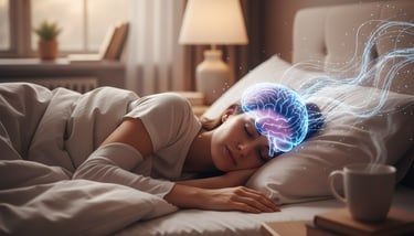 Person in deep sleep, wires on head, glowing brain overlay. Is it an alien download or biological screensaver?
