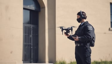 A guard dressed in a formal uniform stands at attention in a sentry box outside a grand historic building with stone walls and large windows. An archway to the right shows part of a courtyard with parked cars and a couple of people walking in the background.