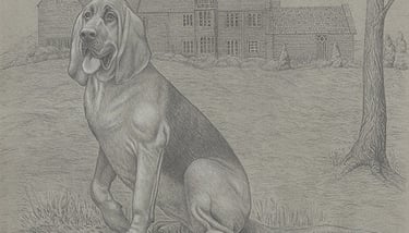 A pencil drawing of a bloodhound dog sitting on the grass in front of an English manor House.