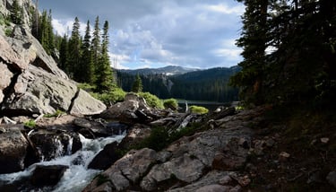 Mirror Lake Outlet in summer evening sunlight, Gore Range Rocky Mountains