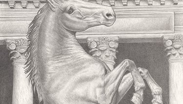 A pencil drawing of a rearing horse in front of an elaborate pillared structure.