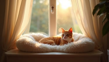 High angle view of a sunlit window seat with a plush cat bed