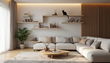 Modern living room with integrated cat climbing shelves