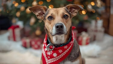 Dog wearing a red bandana with snowflakes sits in front of a Christmas tree with lights and gifts. C