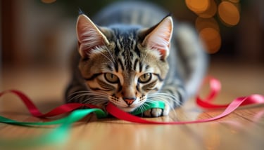 Close-up of a cat playing with a red and green Christmas ribbon on the floor
