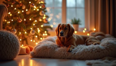 High angle view of a cozy pet corner decorated with Christmas lights and a pet bed