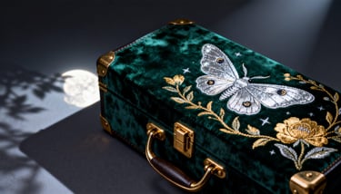  A close-up of a dark green velvet trunk with detailed butterfly embroidery.