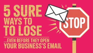 Email marketing graphic about business mistakes with a stop sign and envelope icon on pink background.