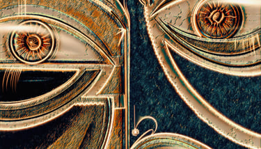 Contemporary art called Glazed by artist Fermionne. Metallic teal, gold & cream face & galaxy eyes.
