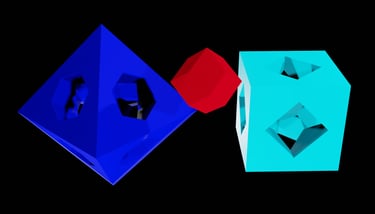 A rhombic dodecahedron flanked by an octahedron and a cube bearing holes.