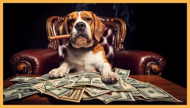 Reicher Hund zählt viel Geld und sitzt mit einer Zigarre im Mund auf einem Stuhl