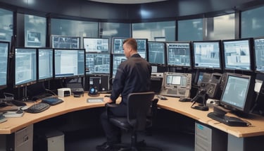 A guard dressed in a formal uniform stands at attention in a sentry box outside a grand historic building with stone walls and large windows. An archway to the right shows part of a courtyard with parked cars and a couple of people walking in the background.