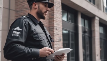 A guard dressed in a formal uniform stands at attention in a sentry box outside a grand historic building with stone walls and large windows. An archway to the right shows part of a courtyard with parked cars and a couple of people walking in the background.