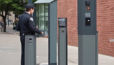 A guard dressed in a formal uniform stands at attention in a sentry box outside a grand historic building with stone walls and large windows. An archway to the right shows part of a courtyard with parked cars and a couple of people walking in the background.