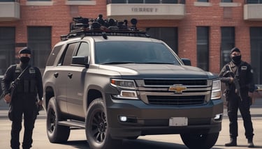 A guard dressed in a formal uniform stands at attention in a sentry box outside a grand historic building with stone walls and large windows. An archway to the right shows part of a courtyard with parked cars and a couple of people walking in the background.