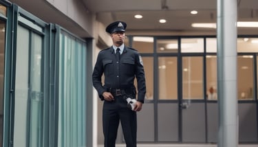 A guard dressed in a formal uniform stands at attention in a sentry box outside a grand historic building with stone walls and large windows. An archway to the right shows part of a courtyard with parked cars and a couple of people walking in the background.