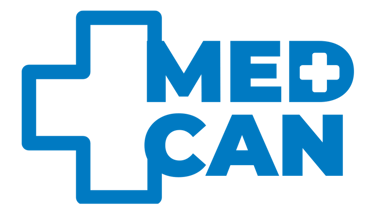 Blue Medcan healthcare logo featuring a medical cross icon on a black background.