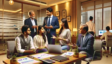 office setting where young clients engage with mid-aged financial advisors in a collaborative