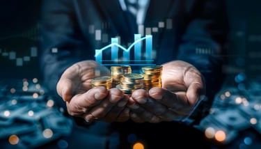 person holding gold in his hand with investing chart above symbolizing gold in markets and industry