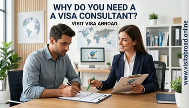 Professional visa consultant at Visit Visa Abroad assisting a client with application paperwork in a