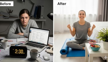 a woman sitting on a yoga mat with a laptop and a laptop