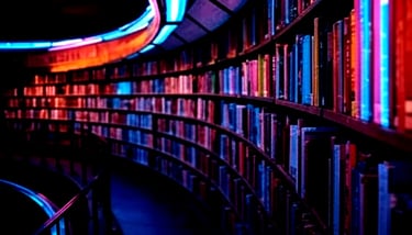 a library with a long shelf full of books, WardenShield
