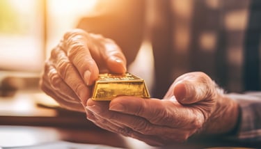 retiree holding gold bar in hands