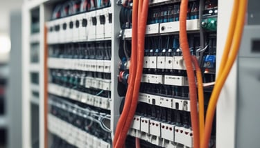 Electrician working on network cabling in a modern office space.